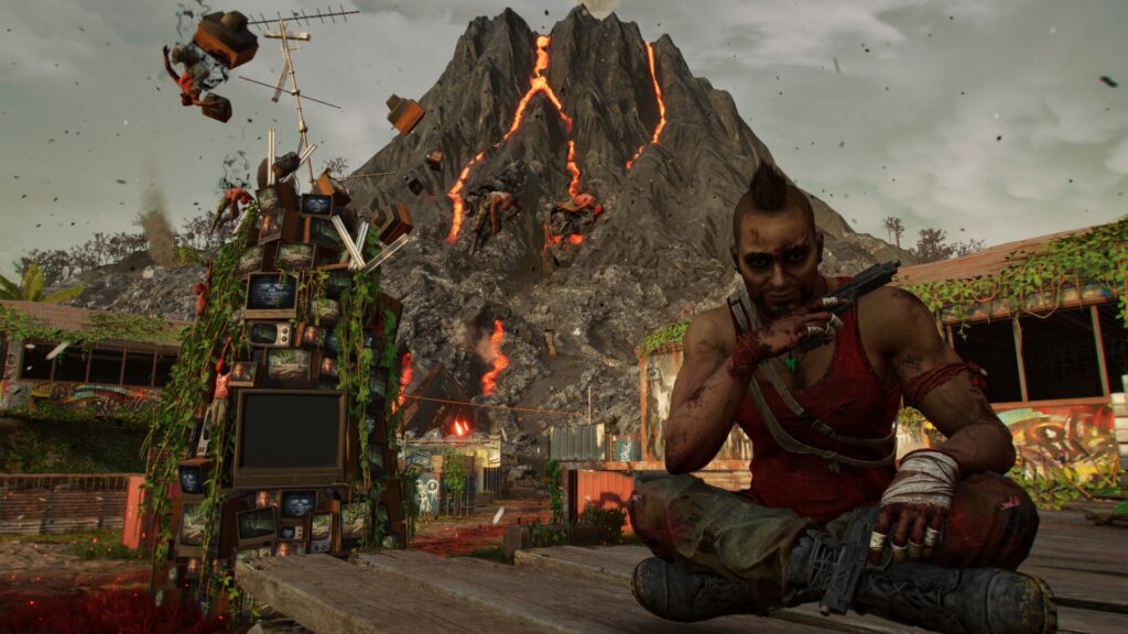 Vaas Montenegro em meio ao caos que é a sua mente representado no Far Cry 6