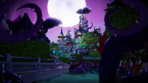 Um castelo tomado por espinheiros noturnos no Disney Dreamlight Valley
