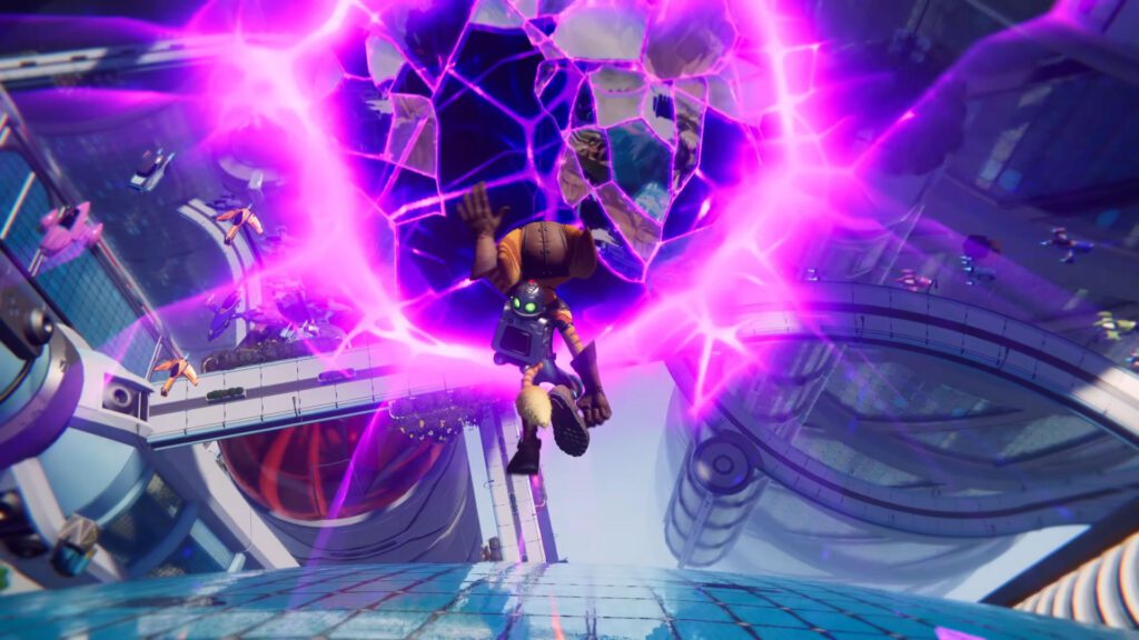 Ratchet and Clank Rift Apart - Ratchet troca de dimensão enquanto salta de um lugar alto