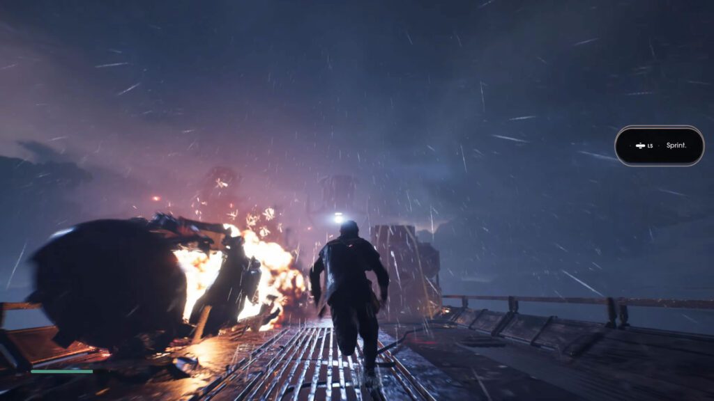 Padawan Cal Kestis correndo sobre um trem durante a chuva