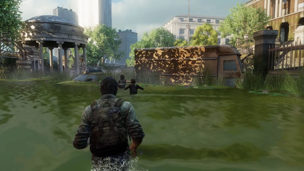 The Last of Us - Joel, Ellie e Riley atravessando um ponto alagado