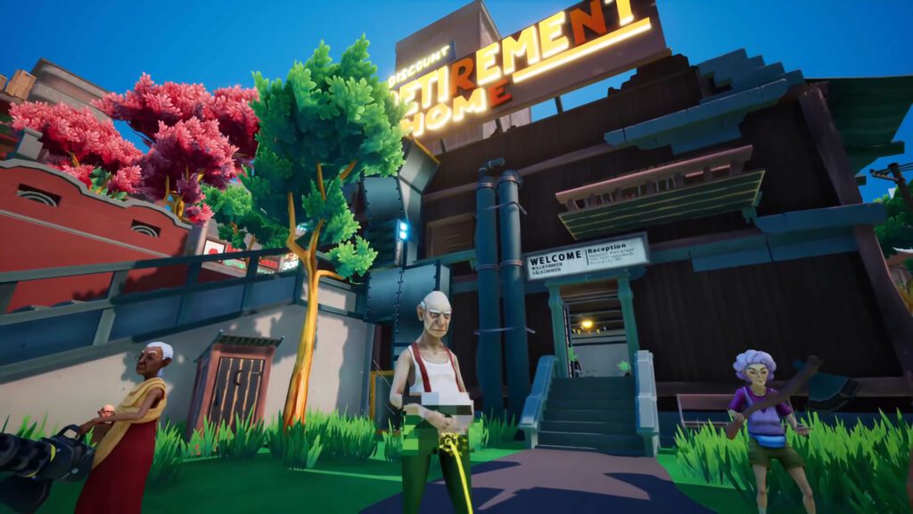 Velhinhos em frente ao asilo se preparando para o caos