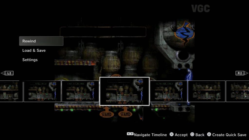 Opção REWIND para voltar o jogo de Playstation 1 emulado no PS5 em algum momento anterior...