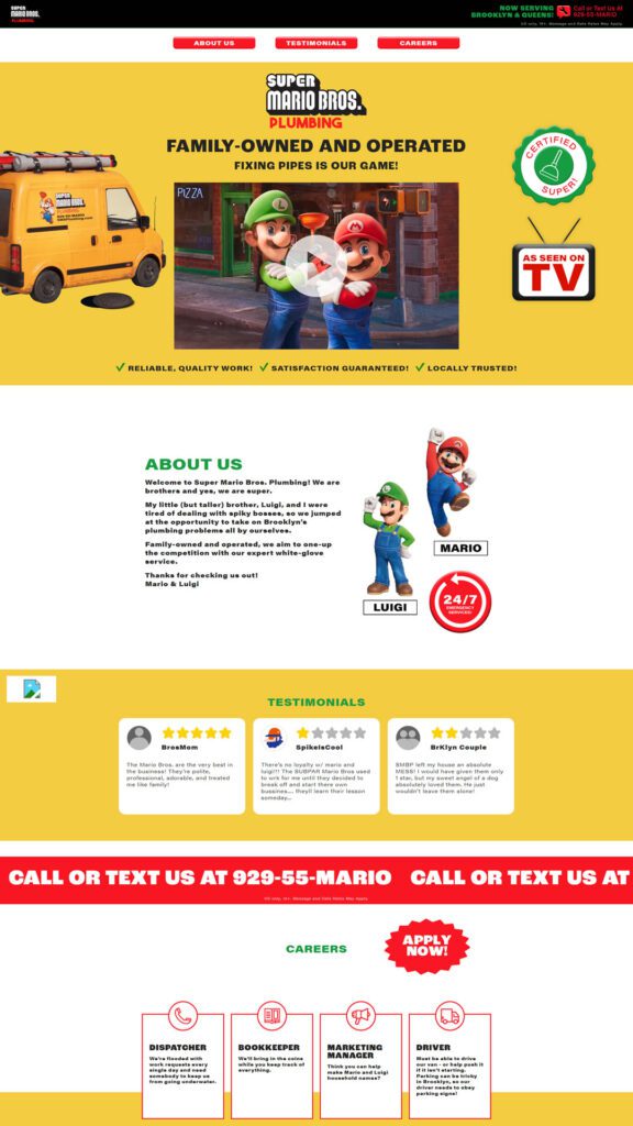 Website do Super Mario Bros. Encanamentos
