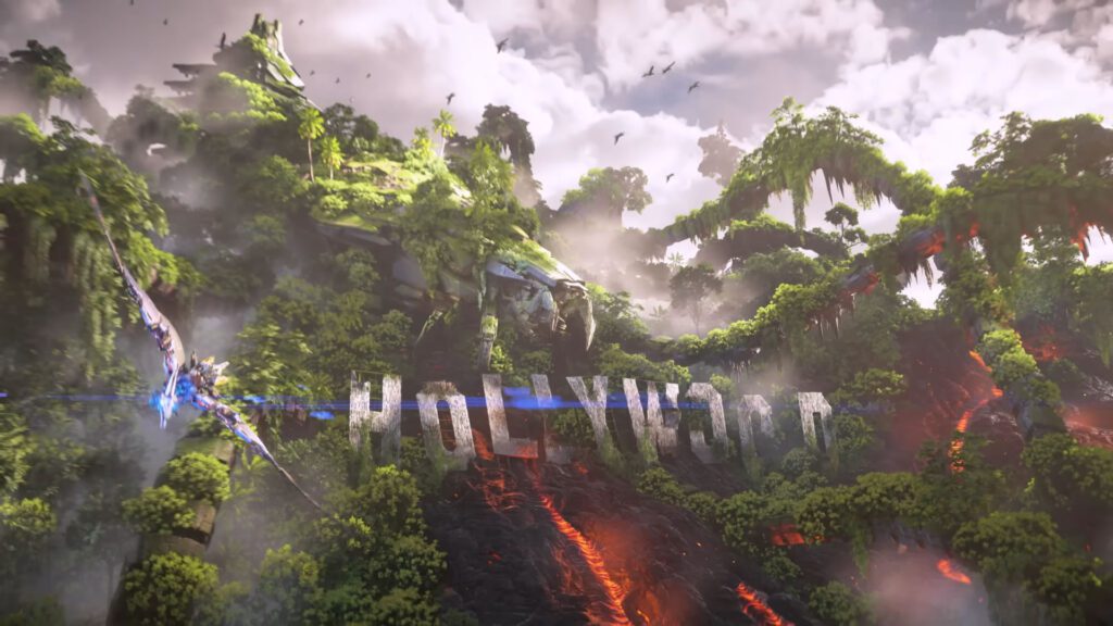 Aloy sobrevoando o letreiro de Hollywood